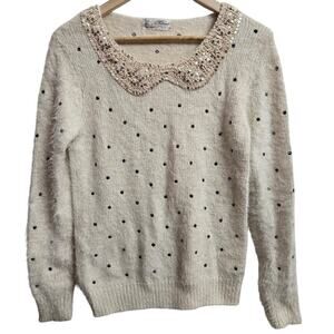 Womens Polka Dot Sequin Collar Fuzzy Knit Sweater Size L Super Soft Glam Cottage